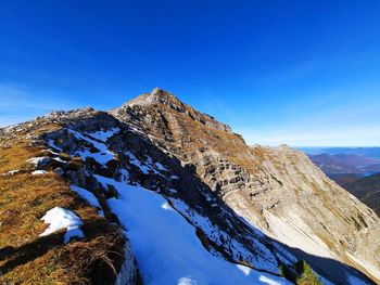 Scenic view of snowcapped mountains against clear blue sky