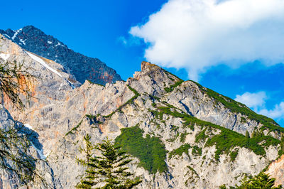 Low angle view of mountain against blue sky