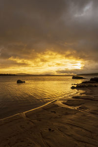 Scenic view of beach against sky during sunset