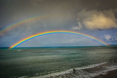 Double rainbow over sea against cloudy sky