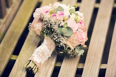 High angle view of rose bouquet on table