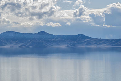 Scenic view of lake by mountains against sky