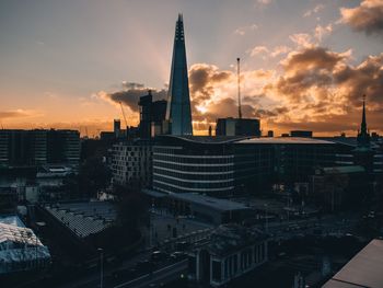 High angle view of city at sunset