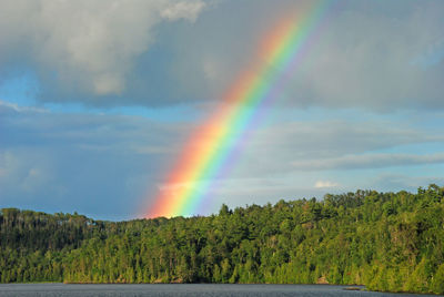 Scenic view of rainbow over lake against sky