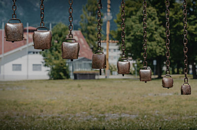 Several cowbells as an instrument on a playground