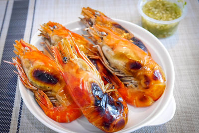 High angle view of seafood in plate on table