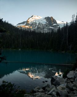 Scenic view of lake by snowcapped mountains against sky