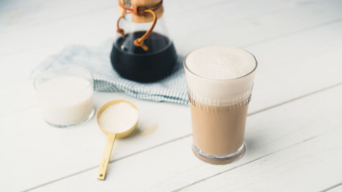 High angle view of drink on table