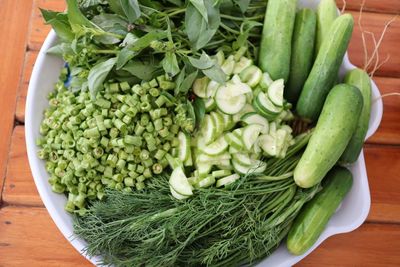 High angle view of vegetables in bowl on table