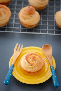 High angle view of dessert in plate on table