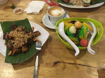 High angle view of food served on table