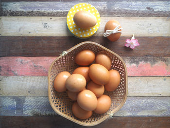 High angle view of eggs in basket on table