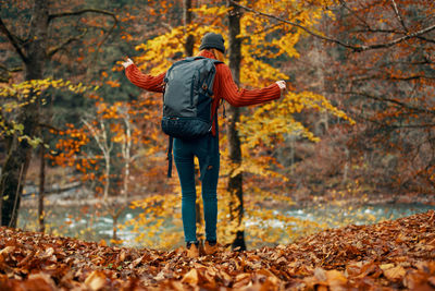Rear view of man standing by autumn leaves in forest