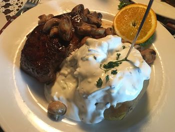 High angle view of food served in plate