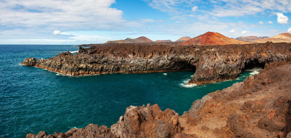 Panoramic view of sea and rocks against sky