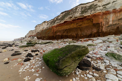 Close-up of rocks on land against cliffs
