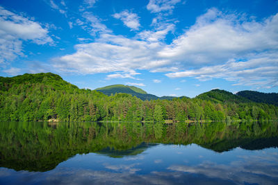 Scenic view of lake and mountains against sky