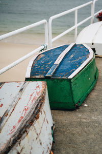 High angle view of boat moored on pier