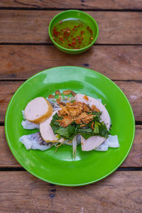 High angle view of breakfast served on table