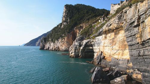 Scenic view of sea and mountains against sky