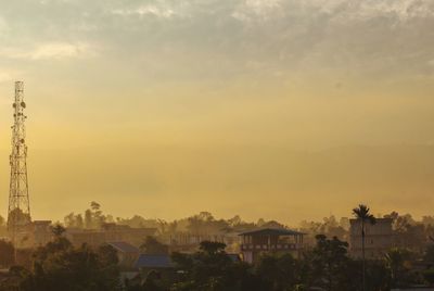 High angle view of townscape against sky at sunset