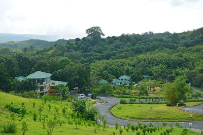 High angle view of trees on field against sky