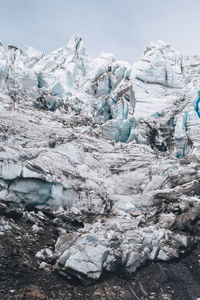 Snow covered landscape of mountain glacier against sky