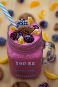 Close-up of fruits in glass on table