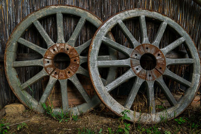 Close-up of old wheel on field