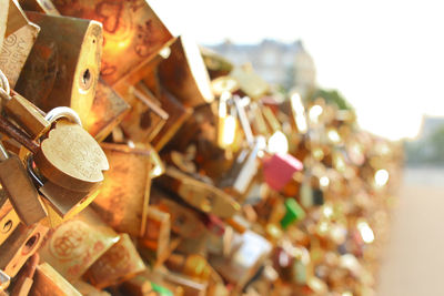 Close-up of padlocks hanging on metal