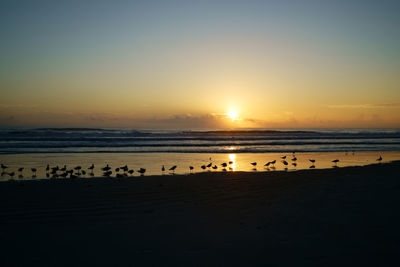 Scenic view of beach against sky during sunset