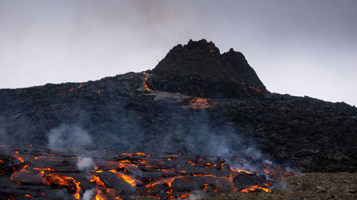 Scenic view of volcanic mountain against sky