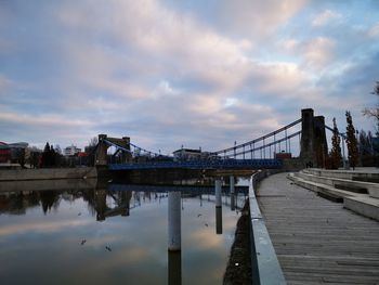 Bridge over river with buildings in background