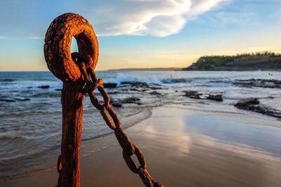 Close-up of rope tied on wooden post at beach