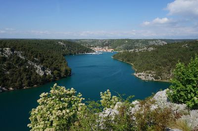 High angle view of krka river against sky