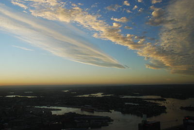 Aerial view of sea against sky during sunset