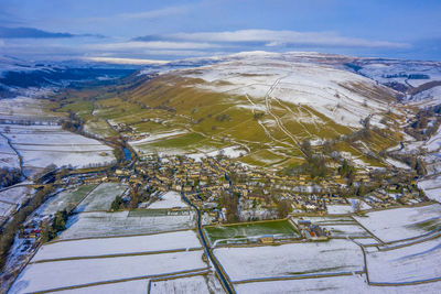An aerial winter shot of kettlewell a small hamlet in north yorkshire
