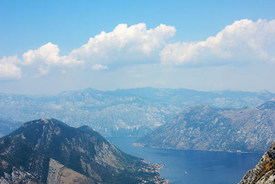 Aerial view of lake and mountains against sky