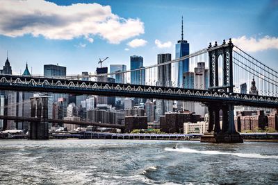 Bridge over river with city in background