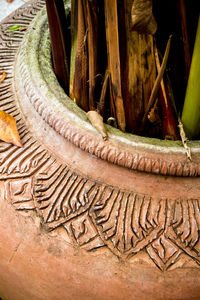 High angle view of carving on wood