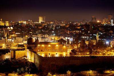 High angle view of illuminated cityscape