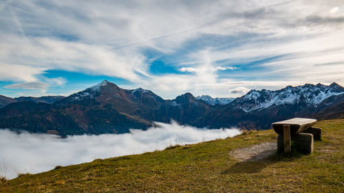 Scenic view of snowcapped mountains against sky