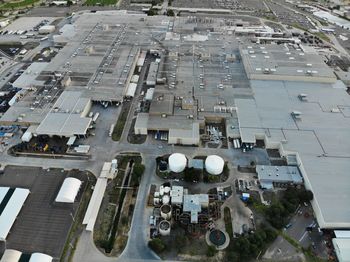 High angle view of street and buildings in city