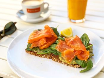 Close-up of breakfast served on table