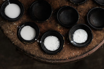 High angle view of eggs in container