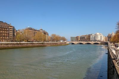 Bridge over river against buildings in city