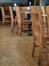 Empty chairs and tables in cafe