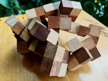 High angle view of wooden toy blocks on table