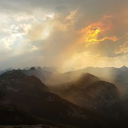 Scenic view of mountains against cloudy sky