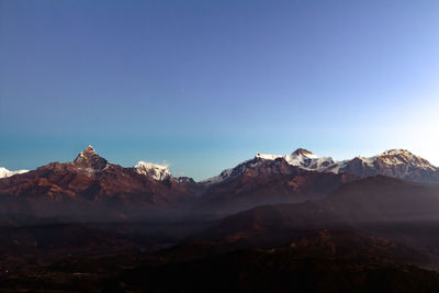 Scenic view of snowcapped mountains against clear blue sky